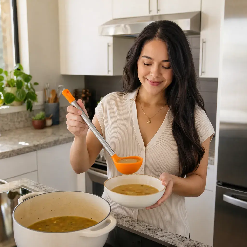Cazo Cucharon Para Sopa Naranja Con Mango De Acero Inoxidable 33 Cm Efficient - Opción 2 Uso Beneficio Mujer Latina_resultado.webp