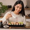 Cuchara salsa porcelana - Sirviendo salsa de soya en sushi.webp