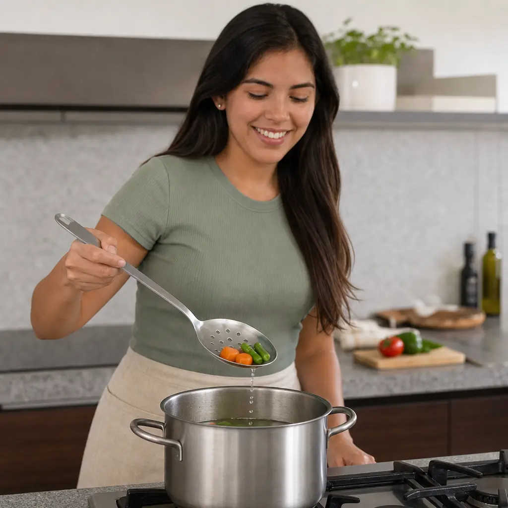 Cuchara Perforada Mate De Acero Inoxidable 33 Cm Eurochef - Opción 2 Uso Beneficio Mujer Latina.webp
