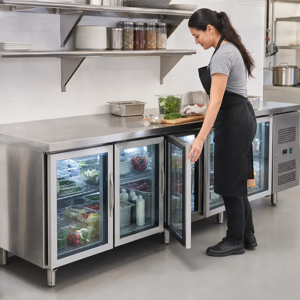 Mesa Refrigerada De Acero Inoxidable Con 4 Puertas De Vidrio 223X70X85 Cm Senzani (1).webp