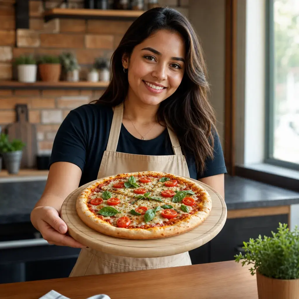 Plato para pizza madera redondo - Uso beneficio mujer latina.webp