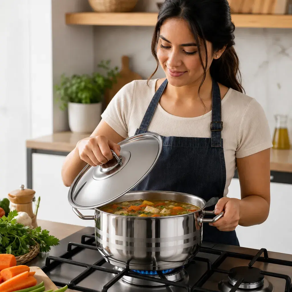 Olla con tapa acero inoxidable HDA Gastro - Uso beneficio mujer latina.webp