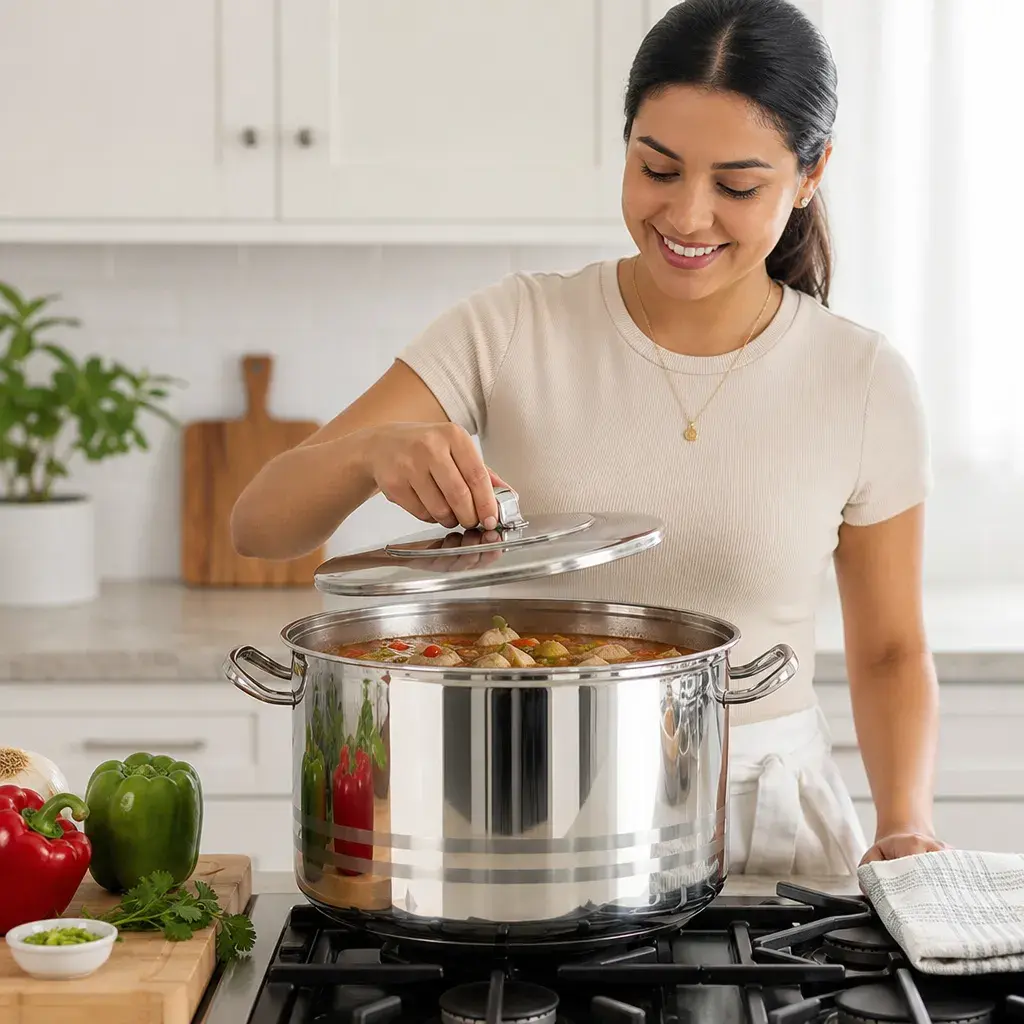 Olla con tapa acero inoxidable Hascevher grande - Uso beneficio mujer latina.webp