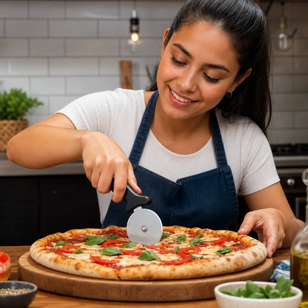 Cortador de pizza 10 cm - Uso beneficio mujer latina.webp