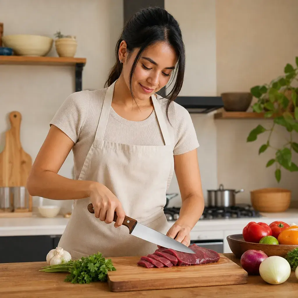 Cuchillo chef mango madera 26 cm - Uso beneficio mujer latina sin marca.webp