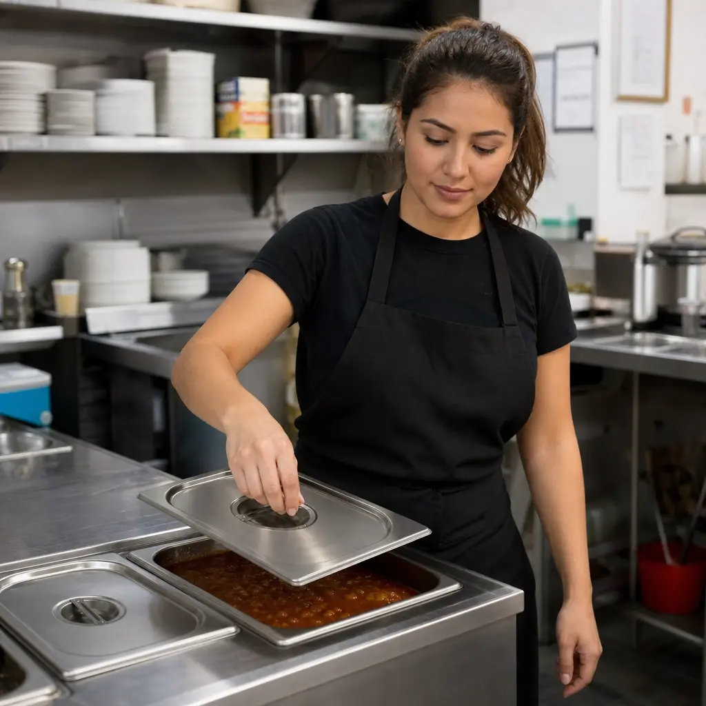 Tapa Para Bandeja Acero Inoxidable 1-2 Contihome - Opción 2 Uso Beneficio Mujer Latina.webp