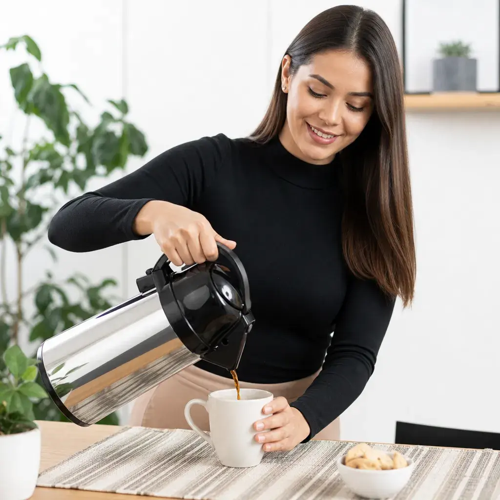 Termo cafe cromado 3 Lts - Uso beneficio mujer latina.webp
