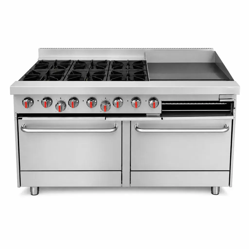 Cocina A Gas De 6 Hornillas Con Plancha 2 Hornos De Acero Inoxidable 152x80x85Cm Iboia