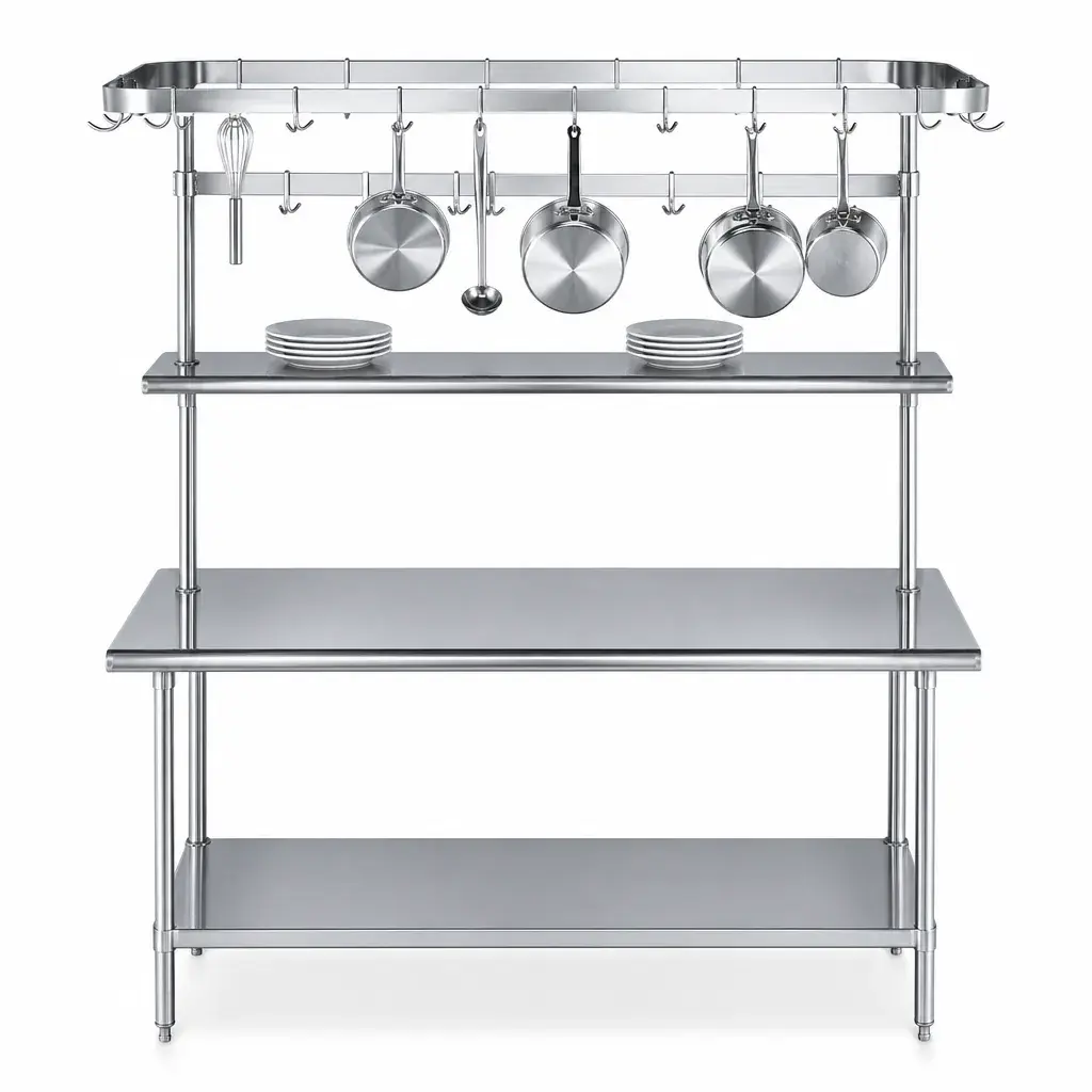 Mesa Con Entrepaño Y Estantería Superior De Acero Inoxidable 160x70x100Cm Ies
