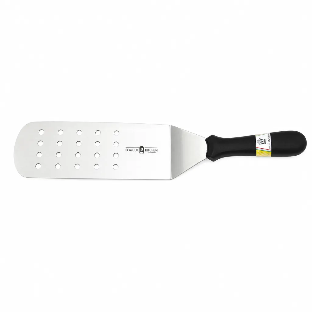 Espatula Perforada De Acero Inoxidable Con Mango Negro 26 Cm  Paolucci