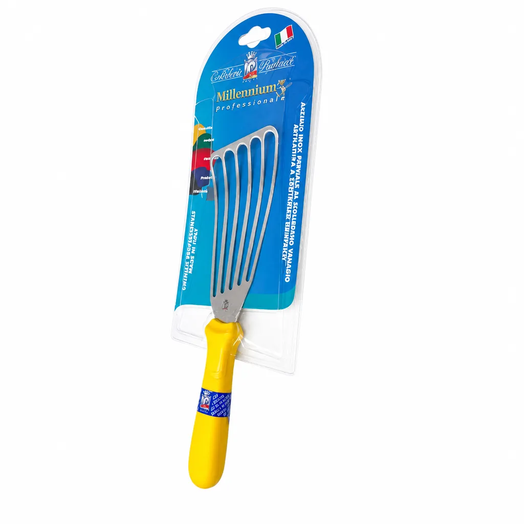 Espatula Paleta Para Fritura De Acero Inoxidable Con Mango Amarillo 17 Cm Paolucci