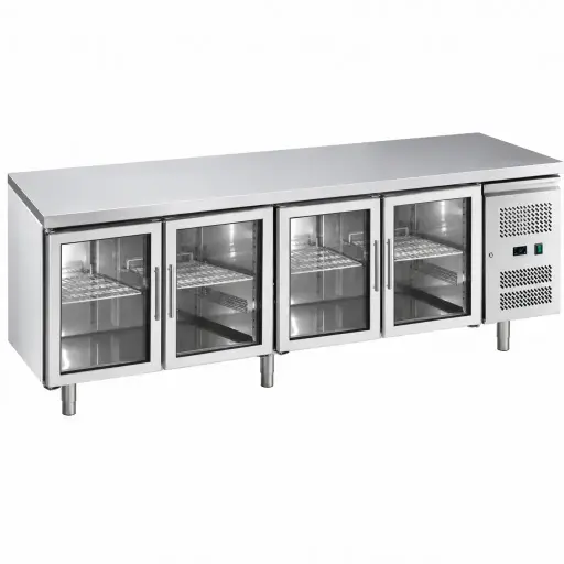 [M-EQUIP0175] Mesa Refrigerada De Acero Inoxidable Con 4 Puertas De Vidrio 223X70X85 Cm Senzani